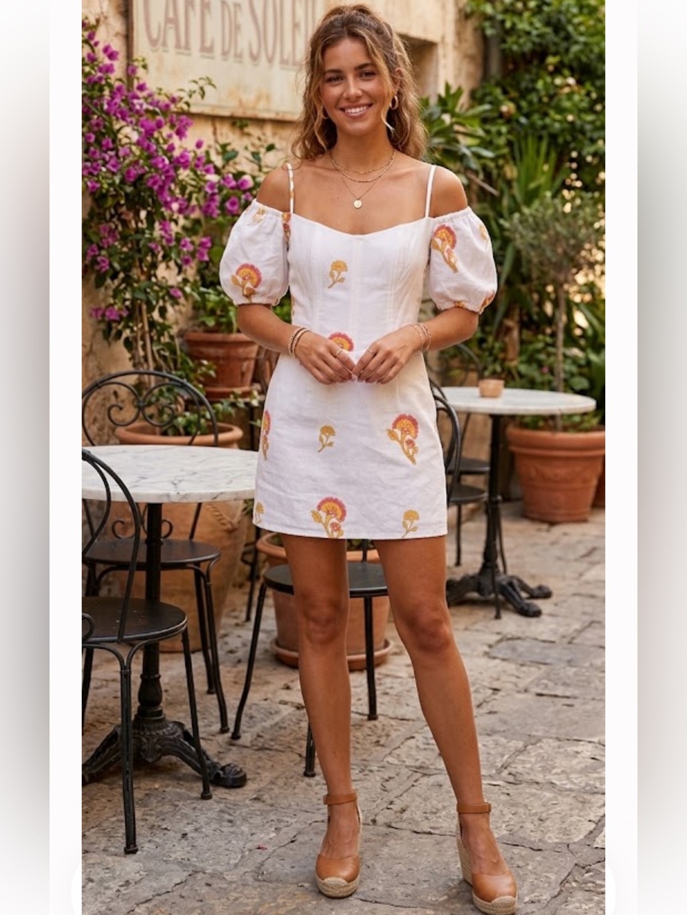 Sabo Skirt White Mini Dress with Yellow and Pink Floral Print